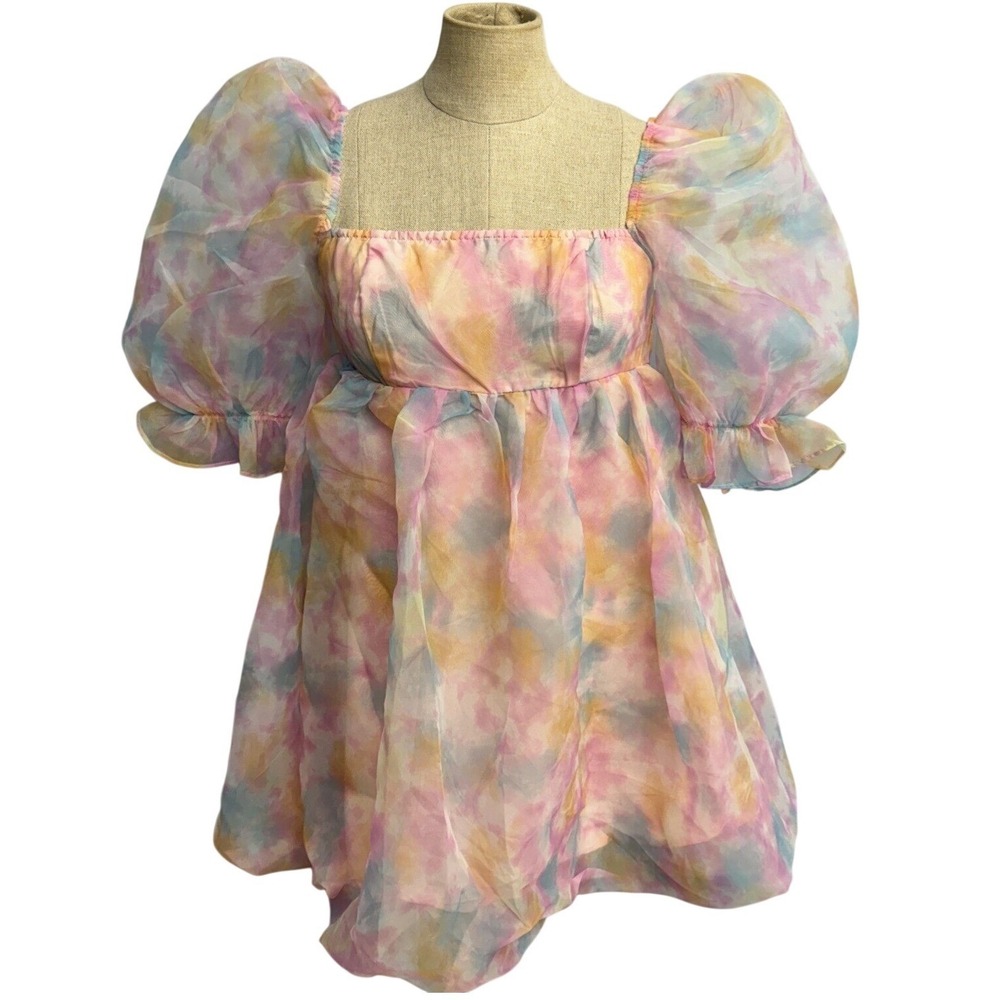 Fairy Petite M Pink Pastel Tye Dye Organza Tier Mini Dress Blouse Babydoll Girly